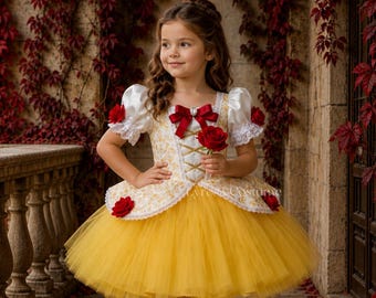 Victoriaanse meisjesjurk belle, luxe kinderkostuum, outfit prinses belle peuter, kleding eerste verjaardag