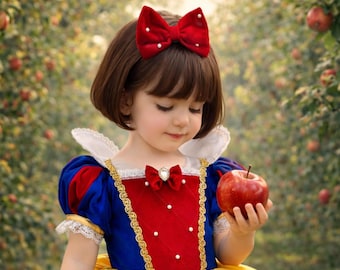 May include: A young child in a Snow White costume, holding a red apple. The dress is red, blue, and yellow with white lace trim. A red bow with white pearl accents adorns the child's hair.