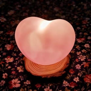Puede incluir: Una lámpara en forma de corazón con un suave brillo rosado, colocada sobre una base de madera natural. La lámpara está iluminada, creando un ambiente cálido. La base es una sección transversal de un tronco de árbol. El fondo presenta un patrón floral oscuro.