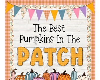 May include: An autumn bulletin board kit featuring a white wood-grain background with a border of orange gingham and autumn leaves. The text reads The Best Pumpkins In The PATCH in black and orange. A colourful pennant banner and various pumpkins.