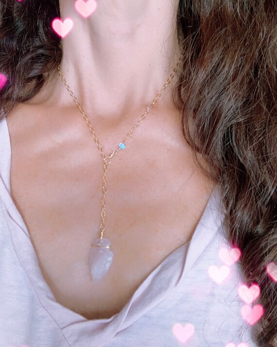 Open Heart Lariat Necklace Rose Quartz 