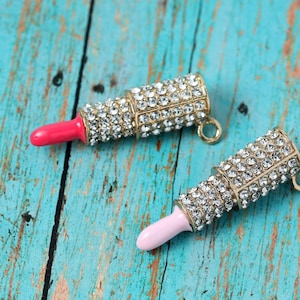 1 3D Rhinestone Pink Red Lipstick Enamel Kawaii Pendant Charm, Lipstick Charm, Lip Gloss Charm, Lipstick Pendant, Rhinestone Pendant, 45mm image 1