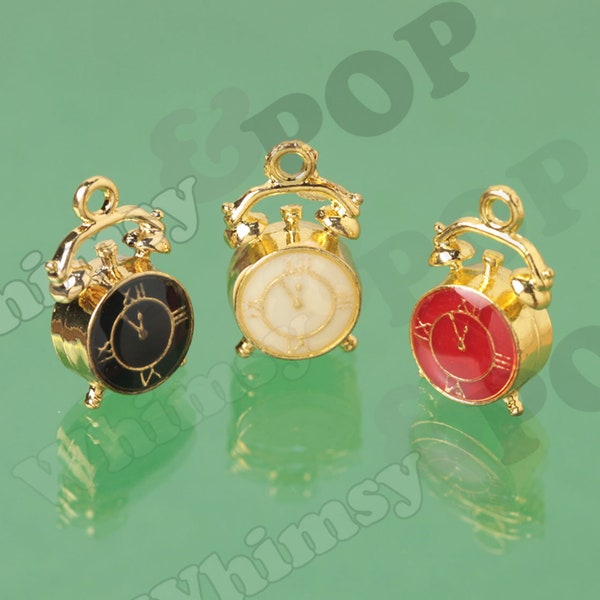 Cute Alarm Clock Charms, Gold Tone Black Red Cream Face Enamel Clock Charms, Black Clock Charm, Clock Pendant, 21mm x 12mm (R10-017)