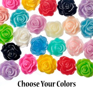 May include: Assortment of 13mm rose cabochons in various colors, including pink, yellow, green, blue, white, black, and red. Choose your colors.