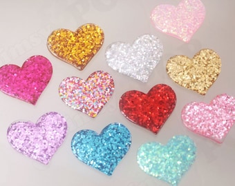 DOLLAR SALE Gold Glitter Heart Resin Flatback Deco Cabochons, Heart Cabochons, 32mm x 36mm (0-0)