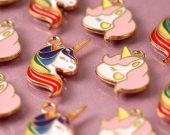 Rainbow Unicorn Charms, Gold Tone Pink and White Cartoon Unicorn Charm Pendant, Unicorn Charm, Pegasus Charm, 22mm x 12mm