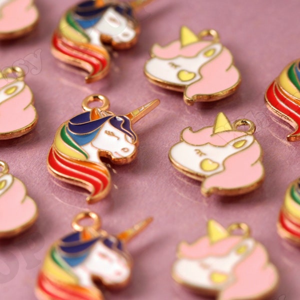Rainbow Unicorn Charms, Gold Tone Pink and White Cartoon Unicorn Charm Pendant, Unicorn Charm, Pegasus Charm, 22mm x 12mm