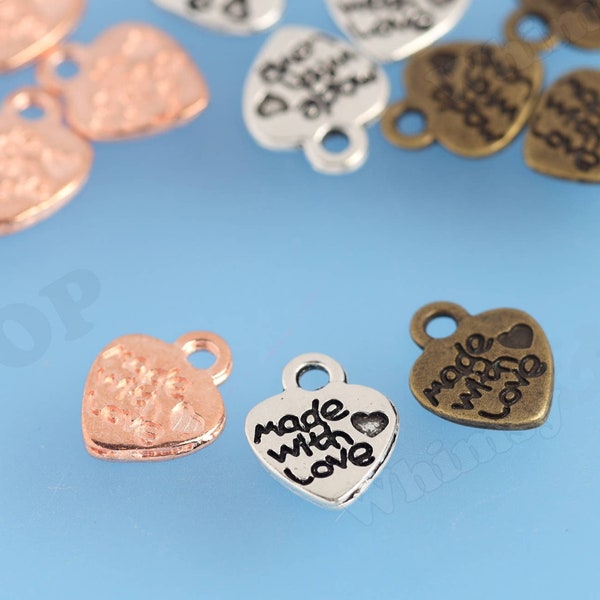 Heart Charms, Made With LOVE Charms, Heart Shaped Charms, Made With Love Tags, Made With Love, Gold Charms, Bronze Charms, 12mm (R7-104)