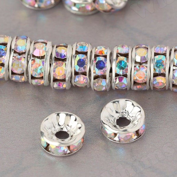 Rondelles intercalaires en cristal argenté AB avec strass, perles intercalaires 6 mm, rondelles 8 mm, strass rhodelles, perles intercalaires strass