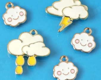 Kawaii Cloud Charms, Stormy Kawaii Rain Cloud Charms, Happy Face Cloud Charms, Gold Tone Wit Emaille Cloud Charms, Cloud Hangers