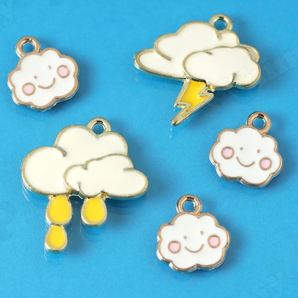 Kawaii Cloud Charms, Stormy Kawaii Rain Cloud Charms, Happy Face Cloud Charms, Gold Tone White Enamel Cloud Charms, Cloud Pendants