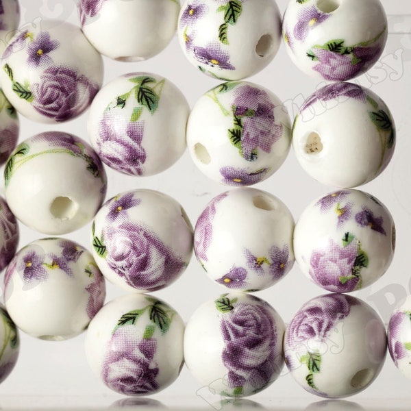 Purple Porcelain Beads, 8mm Beads, 10mm Beads, 12mm Beads, Purple, Green, & White Floral Porcelain Round Beads, Flower Beads, Floral Beads