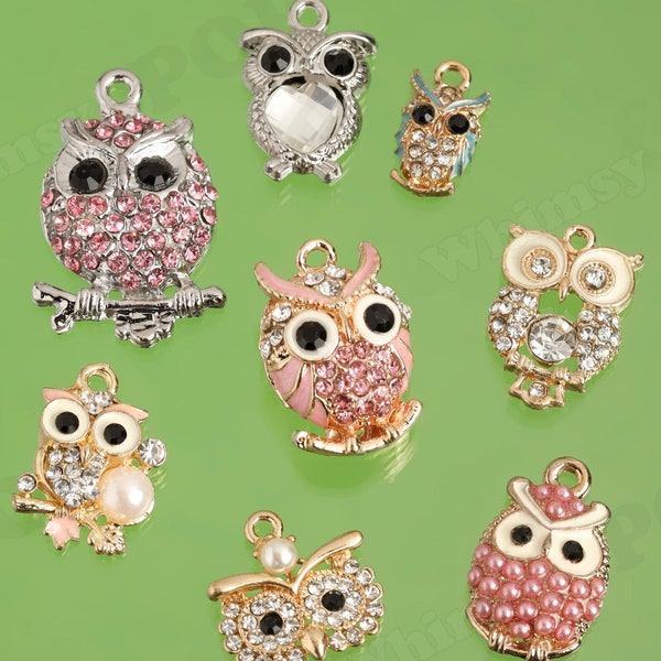 Rhinestone Owl Pendant,  Gold Owl Pendant,  Owl Jewelry, Owl Charms, Barn Owl Pendant, Small Owl Pendant, Jewelry Supplies