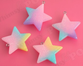 DOLLAR SALE Pastel Rainbow Star Pendants, Glitter Resin Star Charms, Glitter Star Charms, Resin Star Charm, 39mm x 37mm (R10-008)