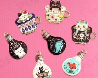Cute Kitten Charms in Tea Cups, Cat Lover Gifts, Kitty Cat Charms, Goldfish Charms, Whale Charms, Japanese style Cat Charms