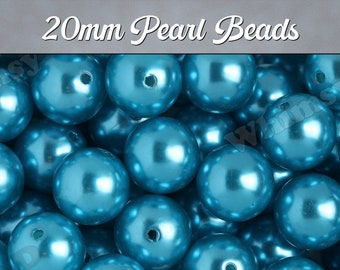 20mm - Pearl Metallic Deep Aqua Blue Gumball Beads, Chunky Pearl Beads, 20mm Pearl Beads, Pearl Gumball Beads, Bubble Gum Beads, 2mm Hole