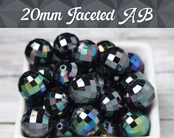 20mm - 10 PACK of Black AB Faceted 20mm Gumball Beads, Chunky Acrylic Beads, 20mm Beads, Disco Ball Beads, Black Bubblegum Beads, 2mm Hole