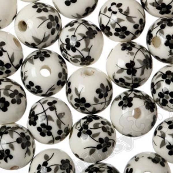 Black & White Floral Porcelain Round Beads, Flower Beads, Porcelain Beads, Floral Beads 8mm 10mm or 12mm, Hole 2 - 3mm  (R8-086)