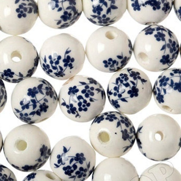 Porcelain Beads, 8mm Beads, 10mm Beads, 12mm Beads, Navy Blue & White Floral Porcelain Round Beads, Flower Beads, Floral Beads