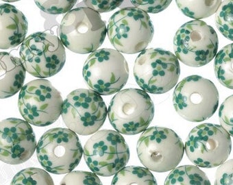 Perles florales vertes rondes en porcelaine, Perles 8 mm, Perles 10 mm, Perles 12 mm, Perles de porcelaine, Perles à motifs de fleurs, 12 mm, trou 3 mm (R8-073)