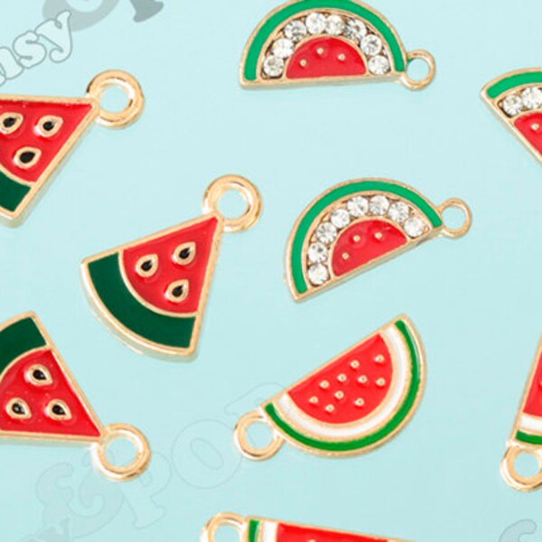 Small Gold Tone Watermelon Charms, Watermelon Slice Enamel Crystal Rhinestone Kawaii Foodie Charm, Watermelon Charm, Melon Charm, 16mm x 7mm