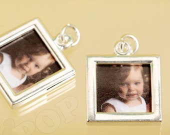 Silver Double-Sided Square Photo Charm, Cube Photo Frame Pendant, Bouquet Charm, Photo Charm, Fits 12mm Photo (R6-023)