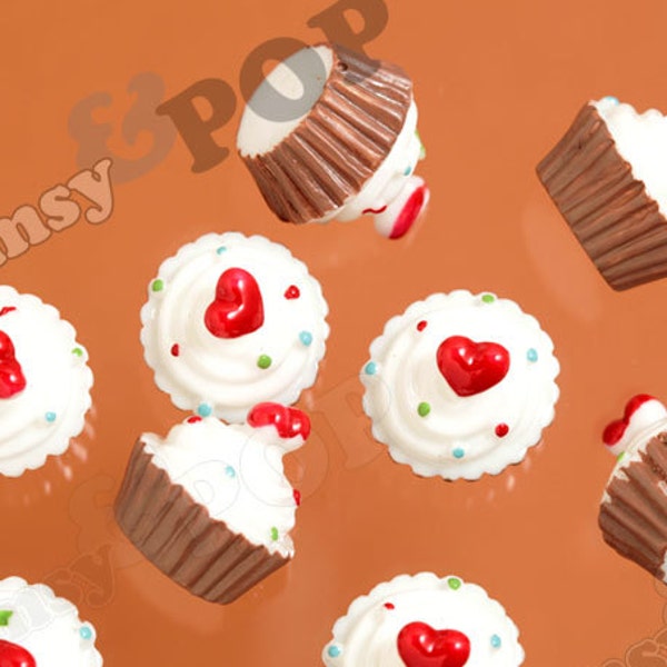 5 - Cupcake Kawaii Cabochons, Candy Heart Chocolate Red Cupcake Resin Cabochons or Charms, Cupcake Cabochons, Kawaii Sweets, 16mm (R6-079)