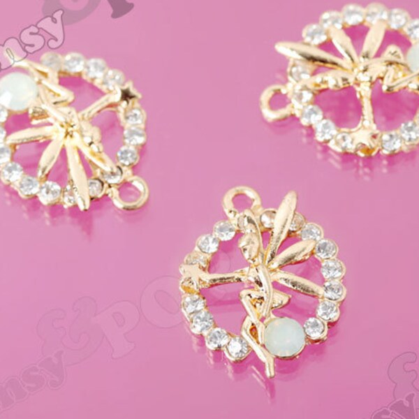 1 - CLEARANCE SALE Gold Plated Circle of Life Rhinestone Fairy Pendant Style Charm, Fairy Charm, Fairy Pendant, 24mm x 19mm  (R8-183)