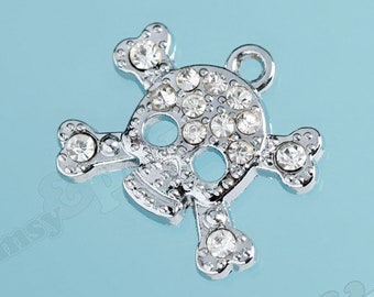 DOLLAR SALE Skull Charm, Punk Skull Rhinestone Crystal Silver Tone Charm, Skull Charm, Pirate Charm, Bling Skull Charm (R8-037)