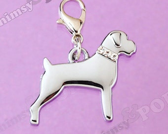 1 - Stainless Steel Pet Silhouette Boxer Dog Charm, Boxer Charm, Boxer Dog Charm, Charm Bracelet Rhinestone Dog Charm, 25mm x 30mm (R2-156)