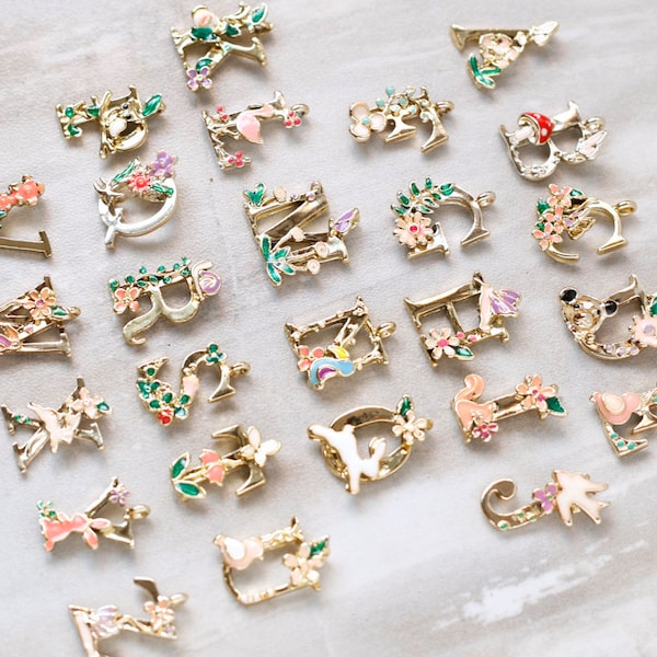 NEW Whimsical Letter Charms, Gold Tone Alphabet A thru Z Woodland Fairytale Initial Charms, Alphabet Letter Charms, Flower Alphabet Charms
