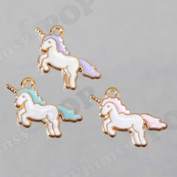 White Pink Unicorn Charms, Gold Tone Blue Pink Purple White Cartoon Unicorn Charm Pendant, Unicorn Charm, Pegasus Charm, 22mm x 12mm