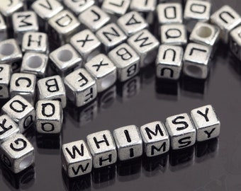 6MM Cube Alphabet Beads, Silver Letter Beads, Square Alphabet Beads, Black Letter Beads, Choose Your Letters Beads, 6mm, 4mm Hole