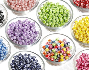 10mm Striped Beads, Colorful Striped Resin Round Beads, 10mm Beads, Gumball Beads, Bubble Gum Beads, Mini Spacer Beads Red Pink Blue Black