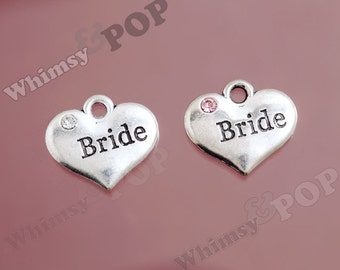 6 4 pcs silver tone Sister of Bride rhinestone heart charms 16mm x 14mm