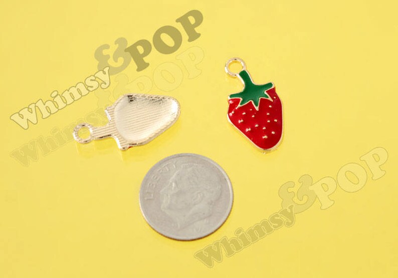 Gold Tone Small Red Foodie Strawberry Foodie Charm, Strawberry Charm, Fruit Charm, 10mm x 20mm R10-005 image 2