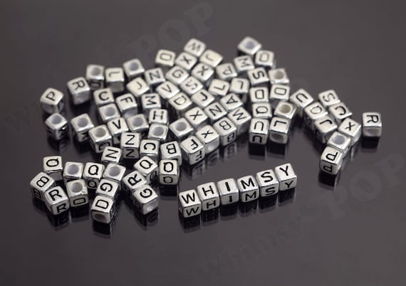 6MM Cube Alphabet Beads, Silver Letter Beads, Square Alphabet Beads, Black Letter Beads, Choose Your Letters Beads, 6mm, 4mm Hole