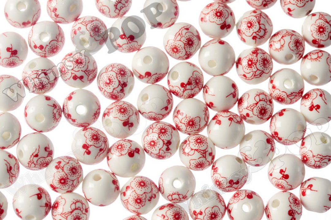 Red Poppy Floral Porcelain Round Beads, Porcelain Beads, Flower ...