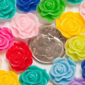 May include: Assortment of colorful plastic rose-shaped embellishments. The roses are in various colors, including pink, red, yellow, green, blue, and purple. The roses are approximately the size of a US dime.