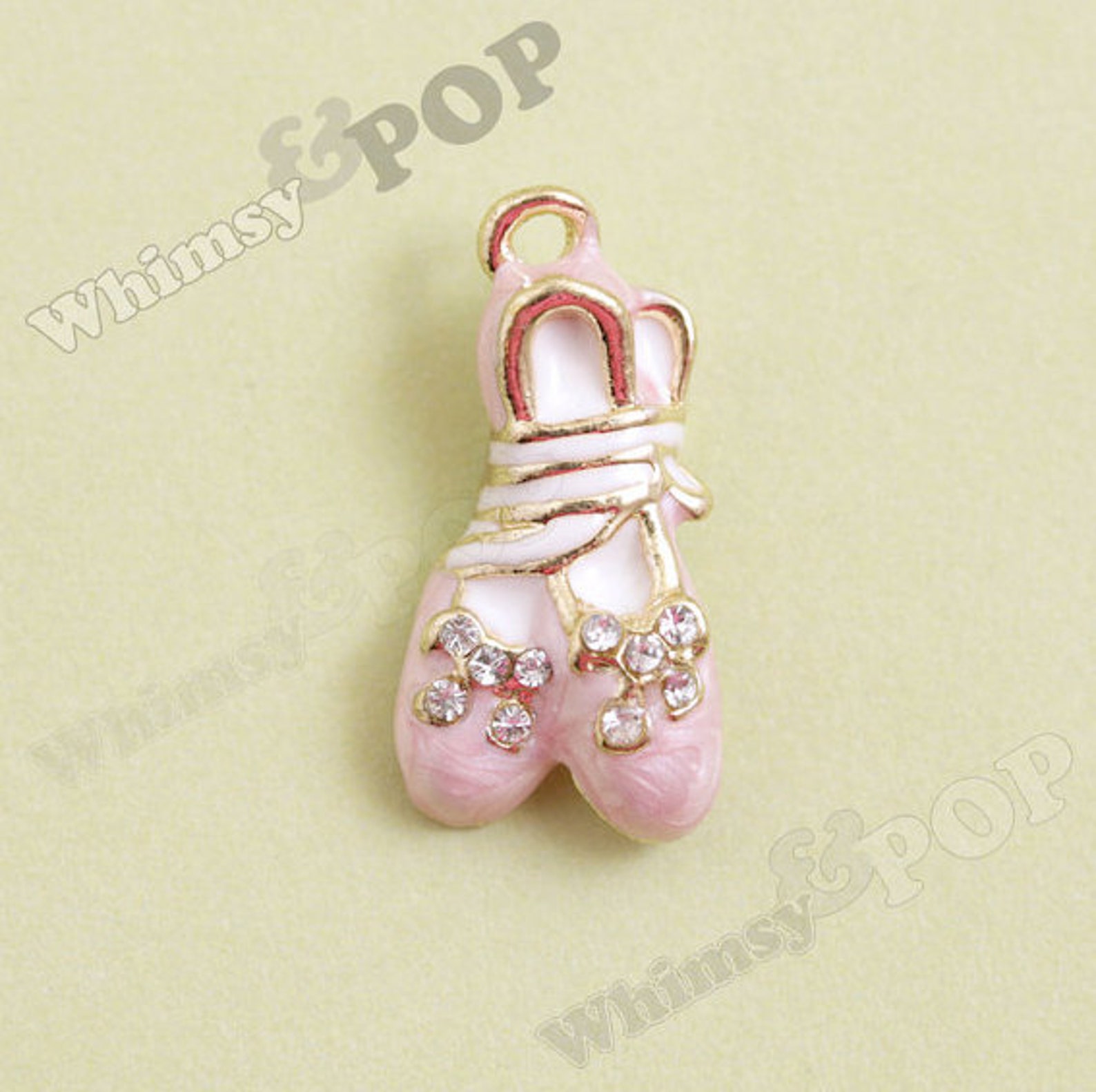 1 - 3d crystal rhinestone pink white enamel ballerina ballet slipper gold tone kawaii charm, ballet charm (3-6e)