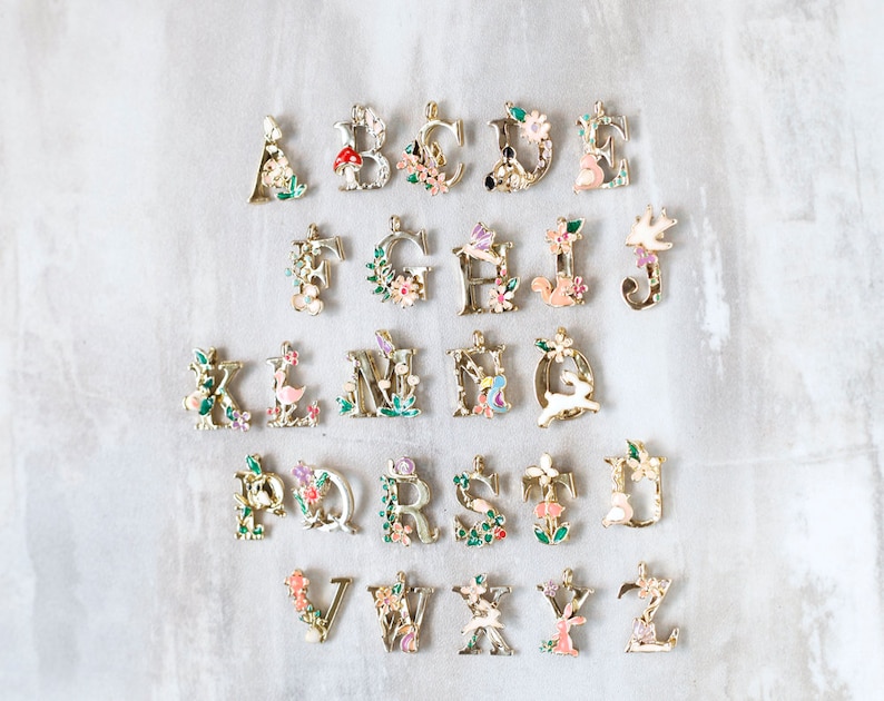 NEW Whimsical Letter Charms, Gold Tone Alphabet A thru Z Woodland Fairytale Initial Charms, Alphabet Letter Charms, Flower Alphabet Charms image 2
