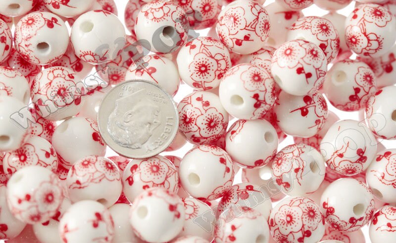 Red Poppy Floral Porcelain Round Beads, Porcelain Beads, Flower ...