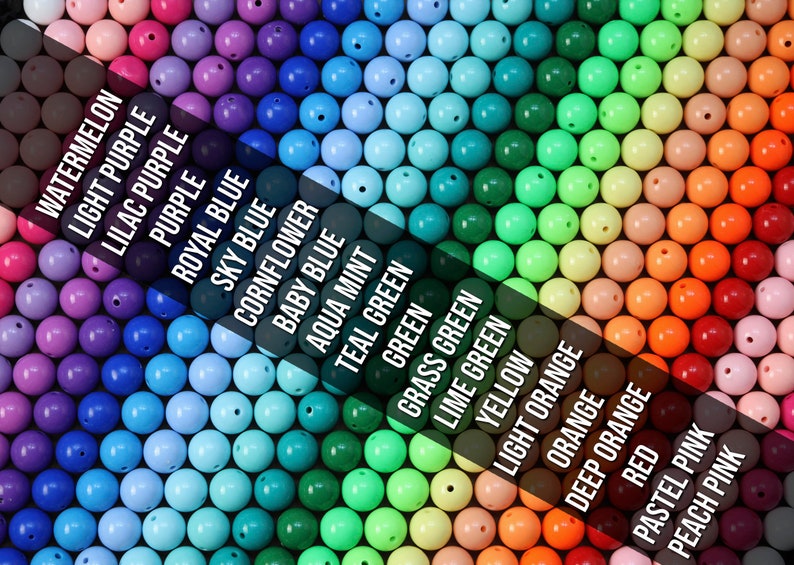 May include: A rainbow assortment of round, plastic beads in various colors, including watermelon, light purple, lilac purple, purple, royal blue, sky blue, cornflower, baby blue, aqua mint, teal green, green, grass green, lime green, yellow, light orange, orange, deep orange, red, pastel pink, and peach pink.