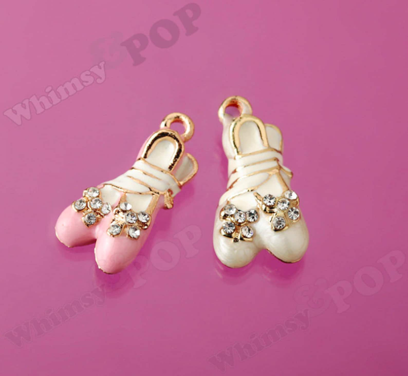 1 - 3d crystal rhinestone pink white enamel ballerina ballet slipper gold tone kawaii charm, ballet charm (3-6e)