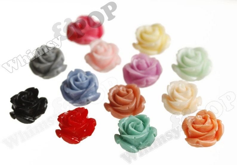 15MM Open Bud Rose Cabochons, Rose Flower Cabochons, Flat Back, Resin Flower Cabochons, Red Pink Peach Yellow Orange Blue Green White Black image 5