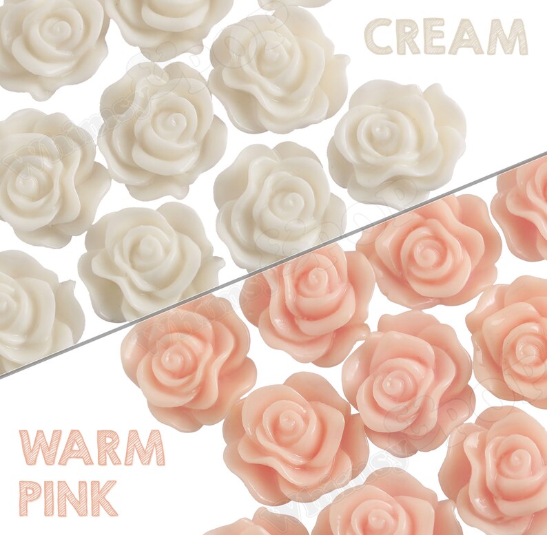 May include: Two rows of white and pink resin rose flower embellishments. The top row is labeled "CREAM" and the bottom row is labeled "WARM PINK".