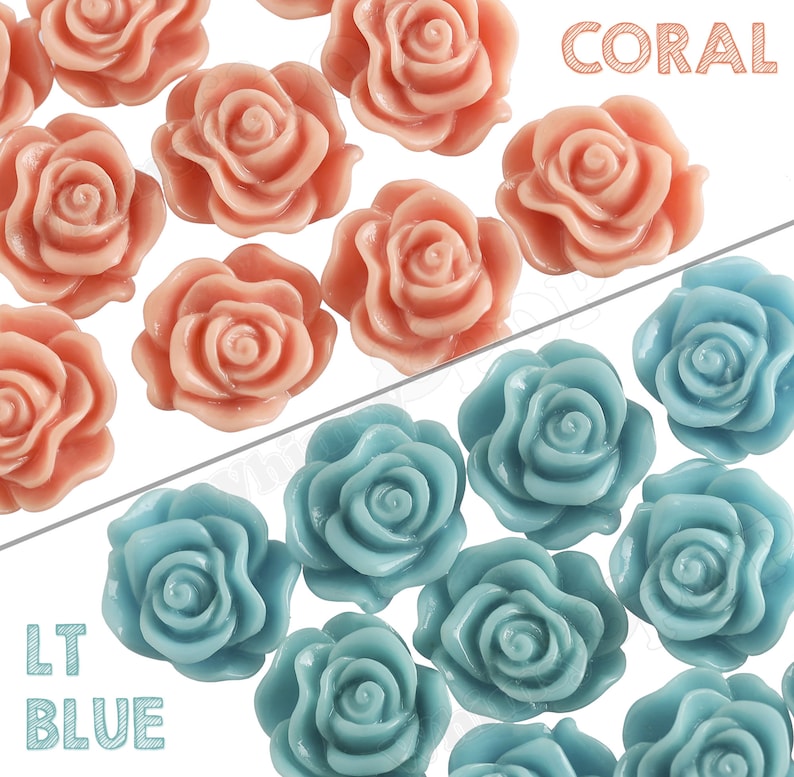 May include: A collection of coral and light blue resin rose embellishments. The roses are approximately 1 inch in diameter and have a 3D design.