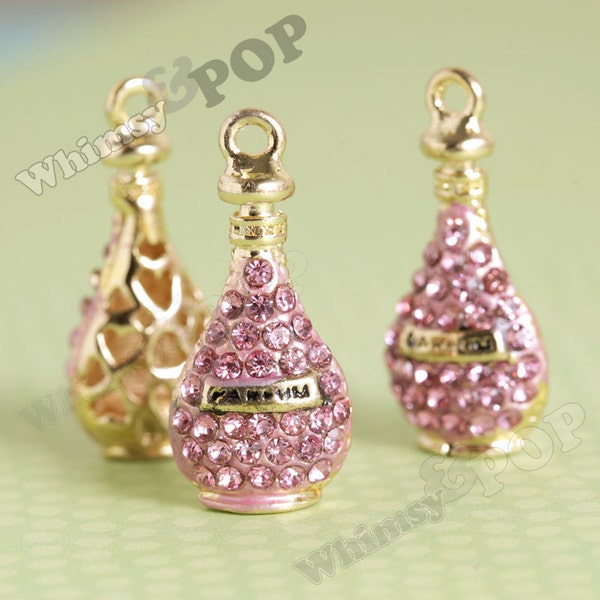 1 - 3D  Pink Perfume Parfum Bottle Rhinestone Pendant Enamel Charm, Perfume Charm, 28mm x 14mm (4-6C)