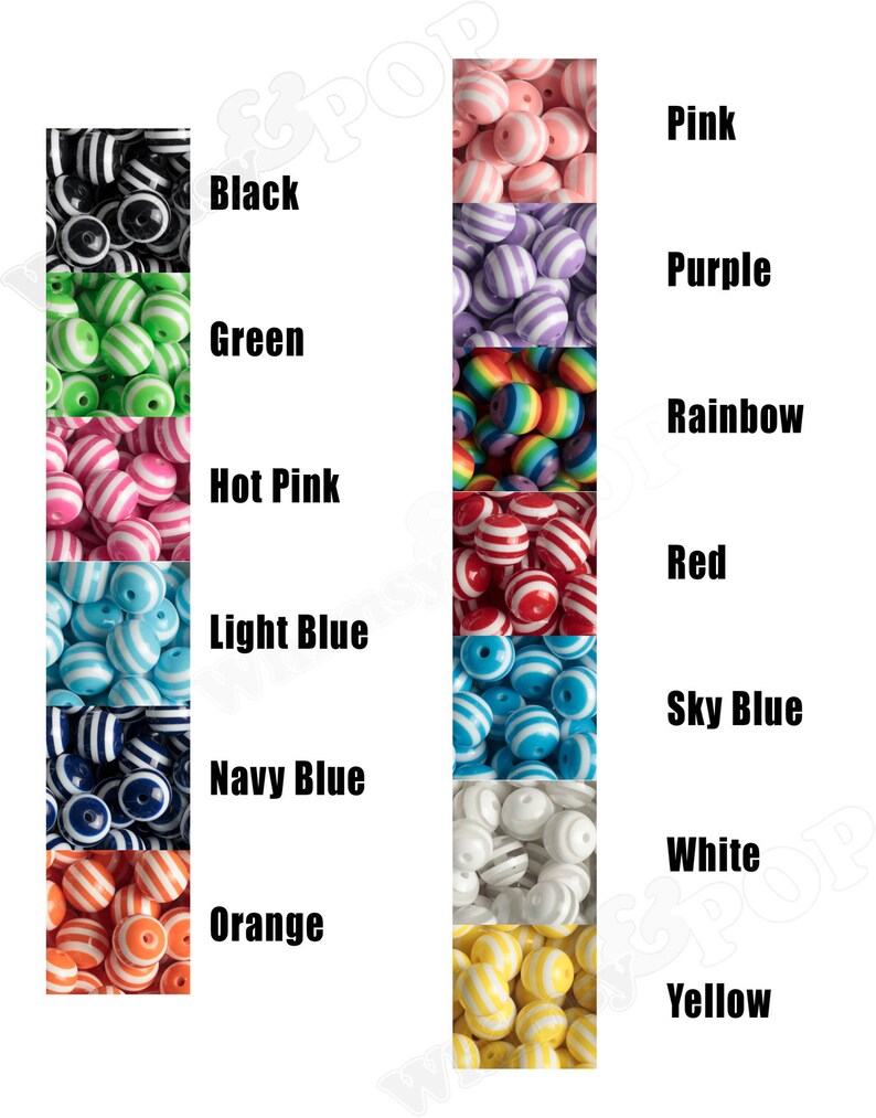 K&ouml;nnte beinhalten: Sortiment an gestreiften Perlen in verschiedenen Farben, darunter Schwarz, Gr&uuml;n, Pink, Hellblau, Dunkelblau, Orange, Rosa, Lila, Regenbogen, Rot, Himmelblau, Wei&szlig; und Gelb.