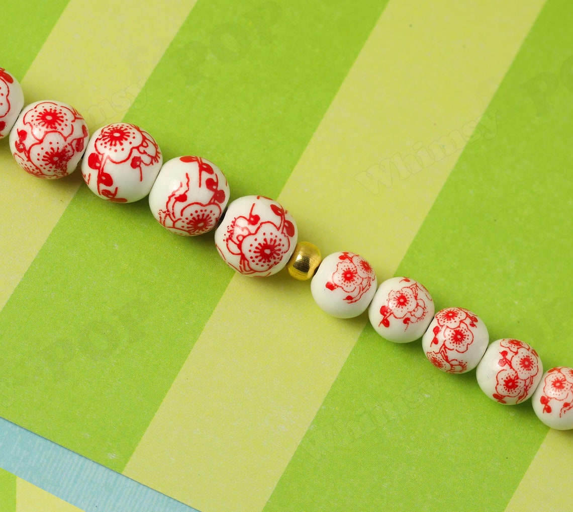 Red Poppy Floral Porcelain Round Beads, Porcelain Beads, Flower ...